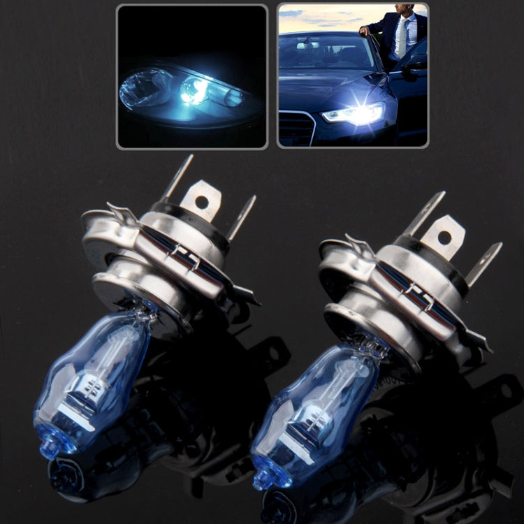 Halogen headlight bulbs pair with blue glass bulbs and silver metal mounting tabs.