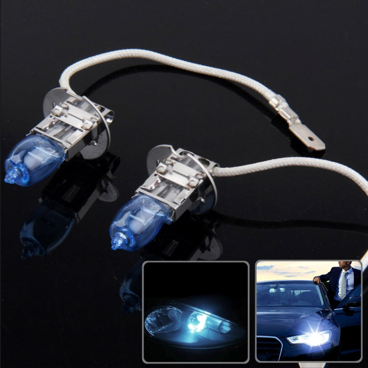 Halogen headlight bulb set with wiring leads, blue glass capsules, metal sockets.