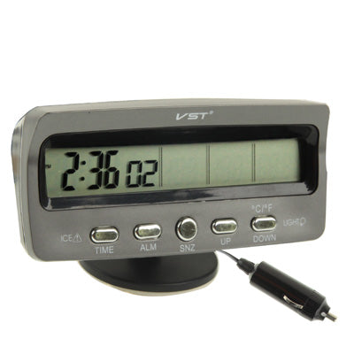 Car digital thermometer with LCD display, control buttons, and dash stand