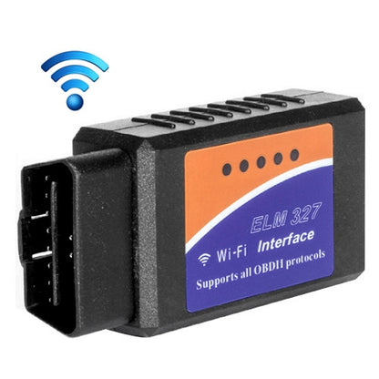 ELM327 OBDII WiFi car diagnostic scanner with orange and purple label
