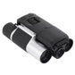 Binocular digital telescope with silver barrels, black controls, and folded LCD screen