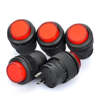 Five 16mm 2-pin push button switches with red caps and black threaded bodies