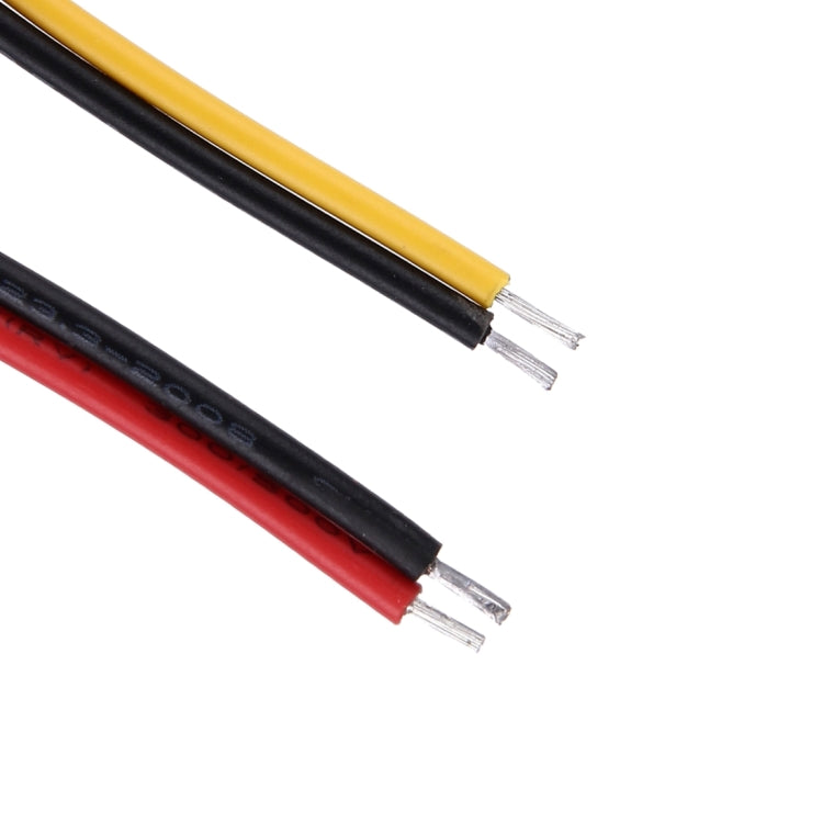 Exposed wire leads from converter: red, black, and yellow with metal tips