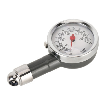 Analog tire pressure gauge with round dial and black rubber hose connector
