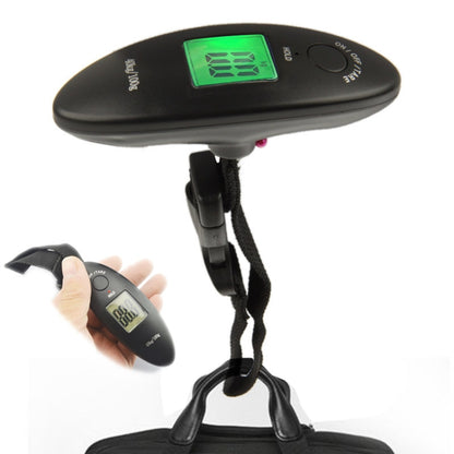 Black portable luggage weight scale with green LCD display and hanging strap