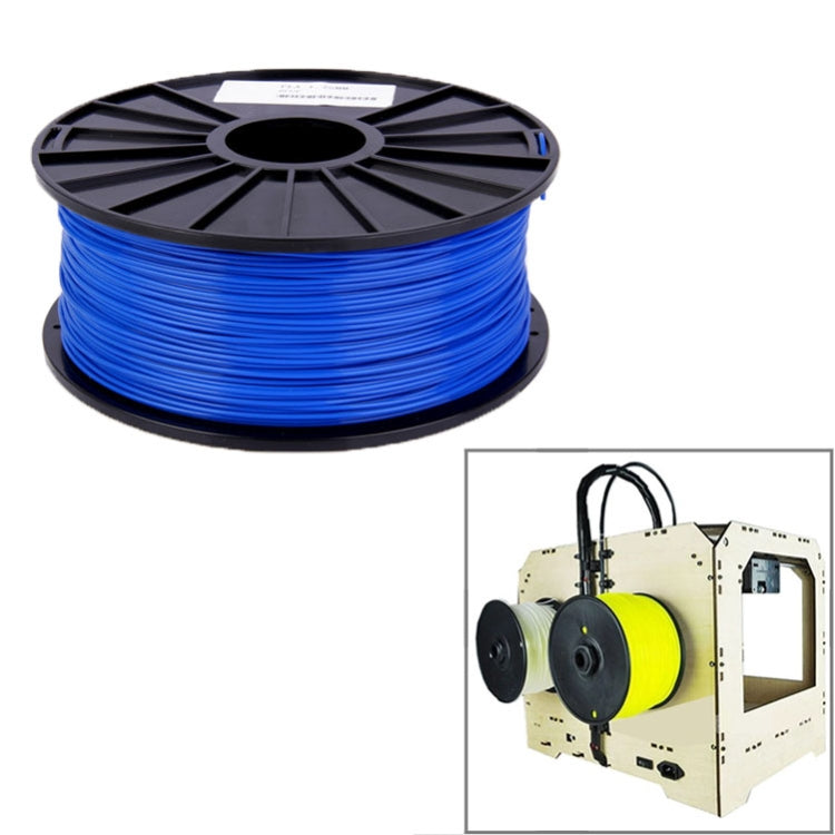 PLA filament spool, blue filament on black reel with smooth layered winding.