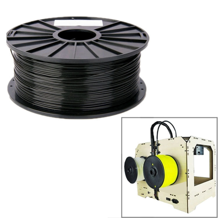 PLA filament spool, black filament on black reel, full spool view.