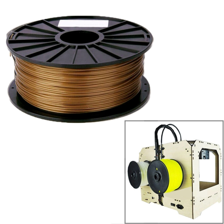PLA filament spool, gold-colored filament on black reel with layered coils.