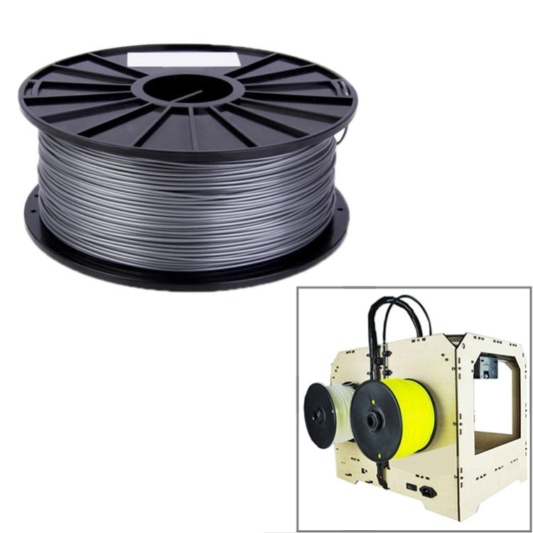 PLA filament spool, silver-gray filament on black reel with tight winding.