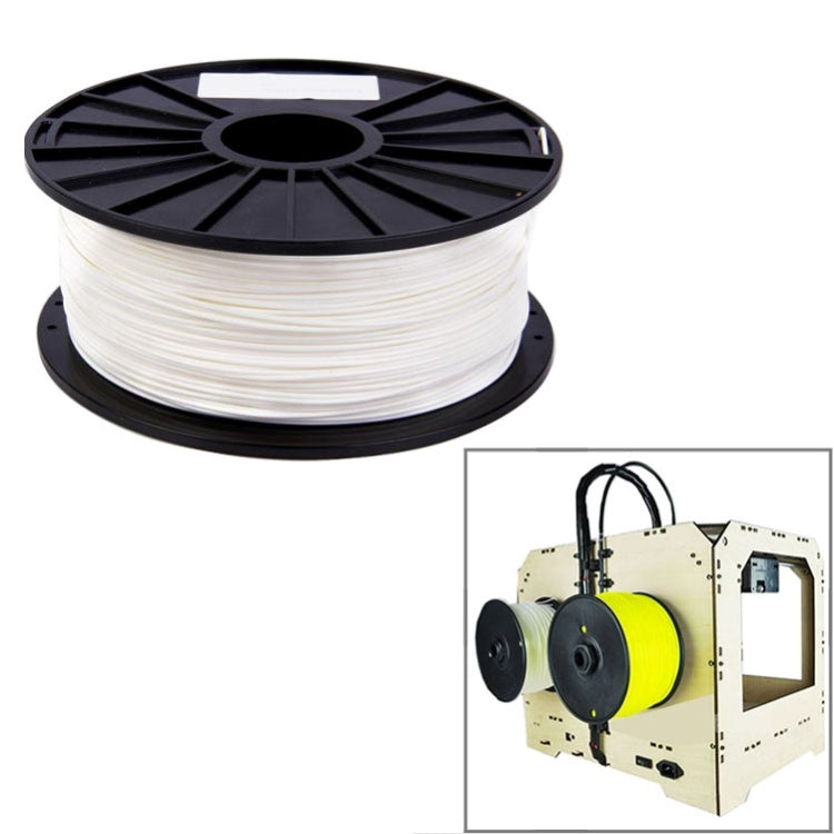 PLA filament spool, white filament on black reel, side profile with top hub.