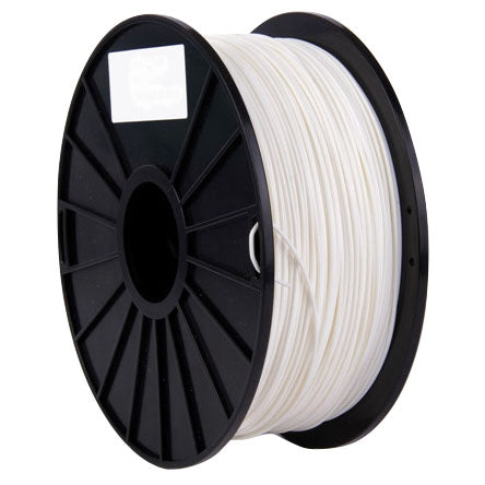 PLA filament spool, white filament close-up wound on black reel.