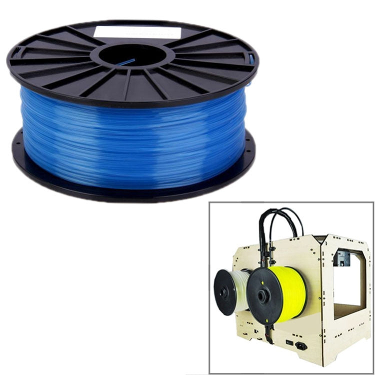 Transparent PLA filament spool, vivid blue filament roll on black reel.