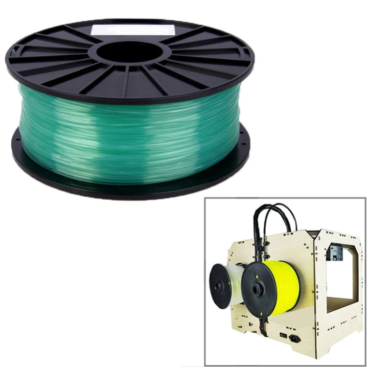 Transparent PLA filament spool, teal green filament roll on black reel.