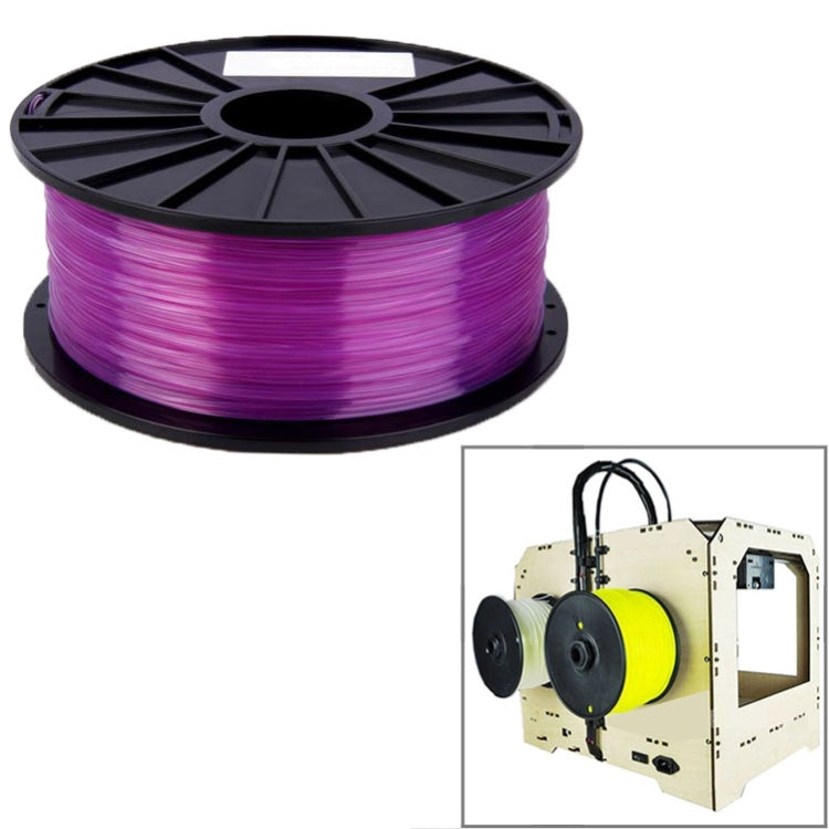 Transparent PLA filament spool, purple filament roll on black reel.