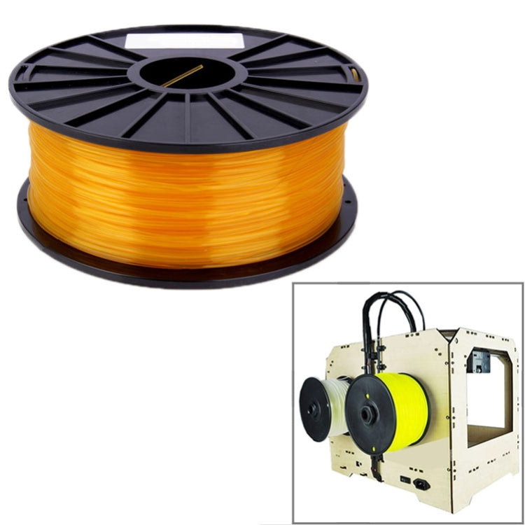 Transparent PLA filament spool, orange filament roll on black reel.