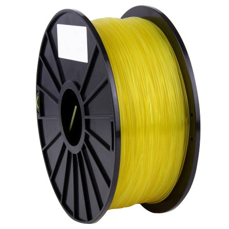 Transparent PLA filament spool close-up, bright yellow filament on black reel.