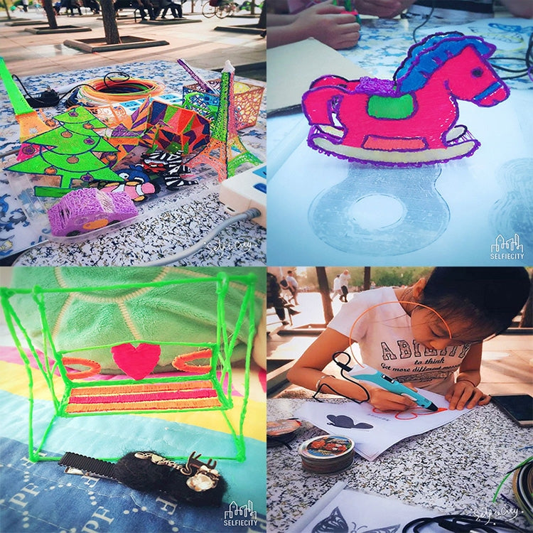 3D printing pen craft examples, including a horse, colorful models, and a heart swing