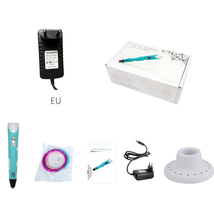 3D printing pen kit with EU power adapter, filament, manual, and holder