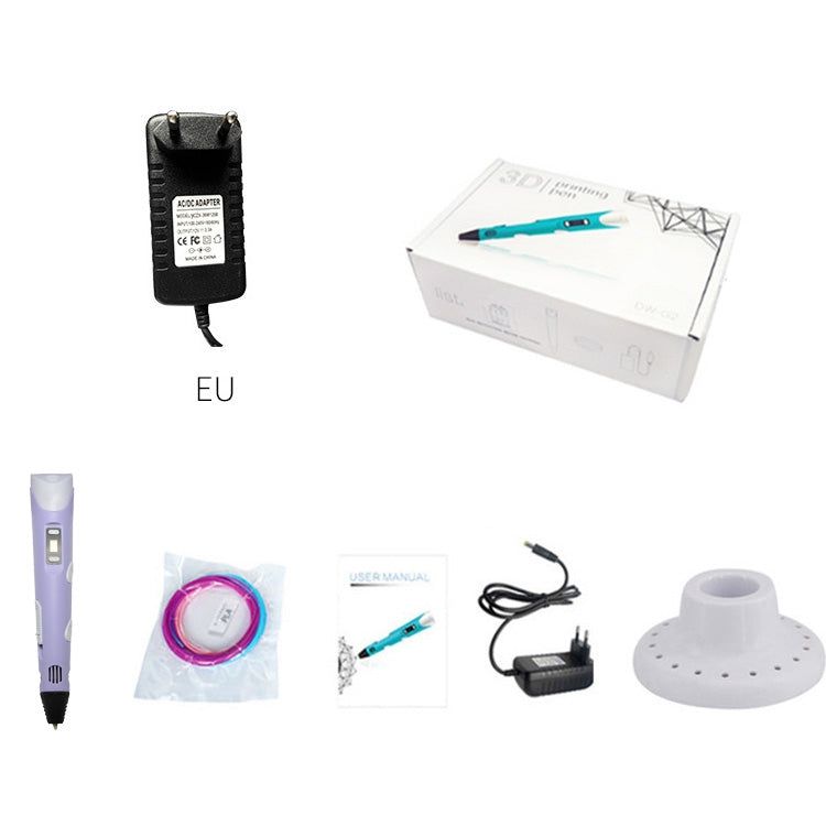 Handheld 3D printing pen kit with EU power adapter, cable, spool, and base stand