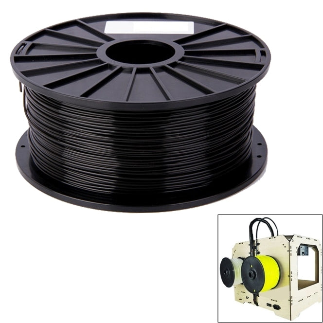 Black ABS 3D printer filament spool on black reel, tightly wound filament