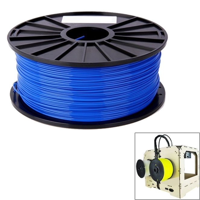 Blue ABS 3D printer filament spool on black reel, full spool view with wound filament