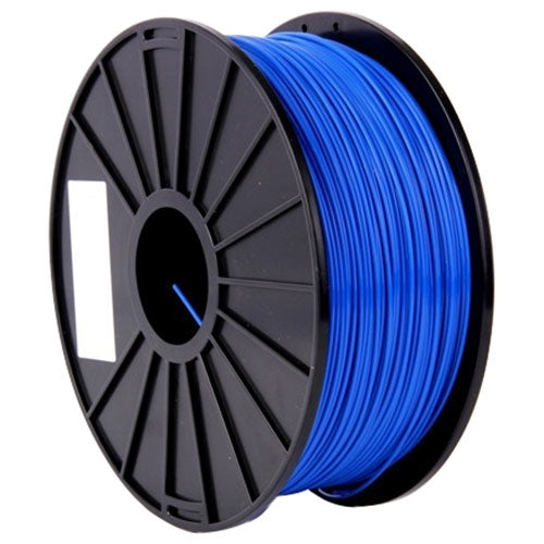 Blue ABS 3D printer filament spool close-up with black reel and wound filament