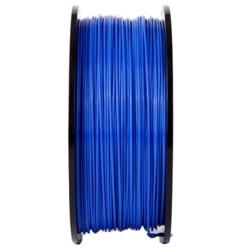 Blue ABS 3D printer filament spool side view, tightly wound filament on black reel