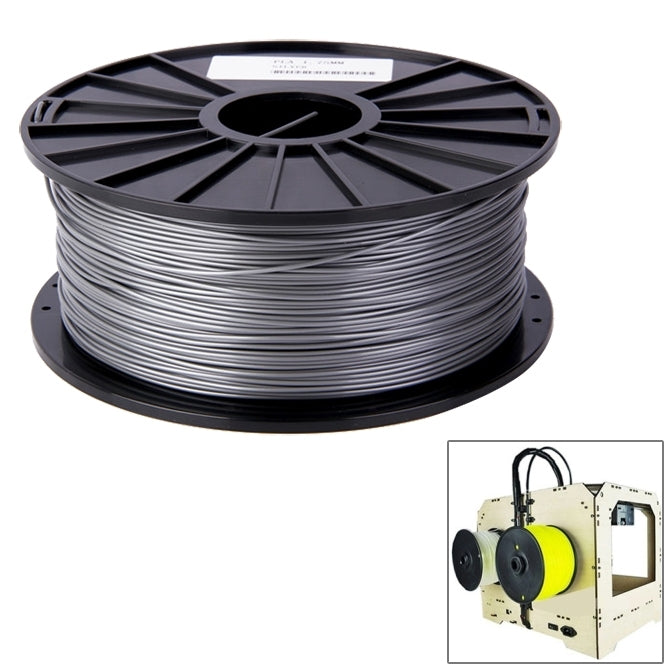 Silver/gray ABS 3D printer filament spool on black reel, tightly wound filament