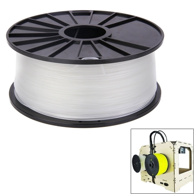 White ABS 3D printer filament spool on black reel, tightly wound filament