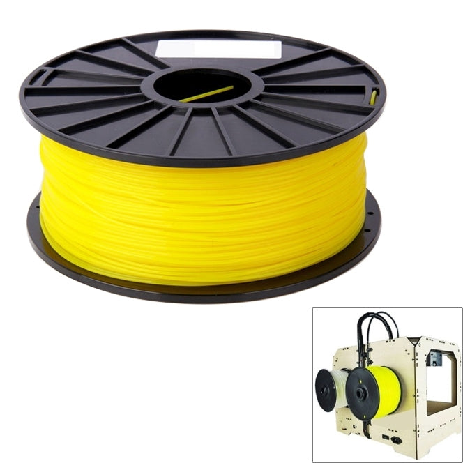 Yellow ABS 3D printer filament spool on a black reel
