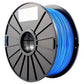 Blue ABS 1.75mm fluorescent filament spool close-up, black reel center hub