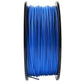 Blue ABS 1.75mm filament on black reel, tightly wound strands in vertical view