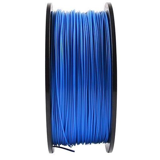 Blue ABS 1.75mm filament on black reel, tightly wound strands in vertical view