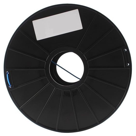 Black spool with blue ABS 1.75mm filament tail, circular top with center hole