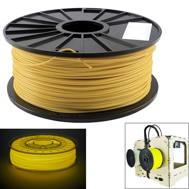 Yellow luminous ABS filament wound on a black spool, with glow and printer-use examples