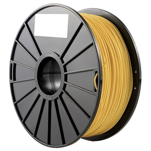 Angled view of yellow ABS 3D printer filament wound on a black reel