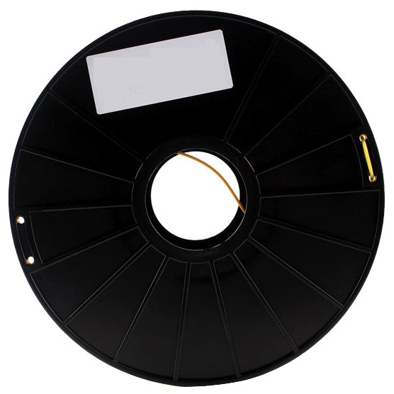 Black filament spool hub with a short strand of yellow ABS filament