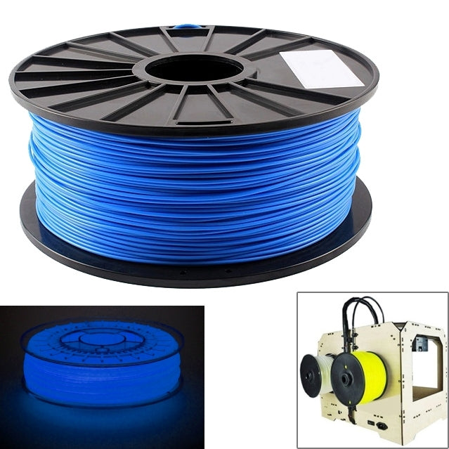 Blue luminous PLA filament spool on black reel with glow inset