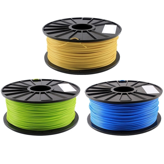 3D printer filament spools set: green, blue, and yellow on black reels