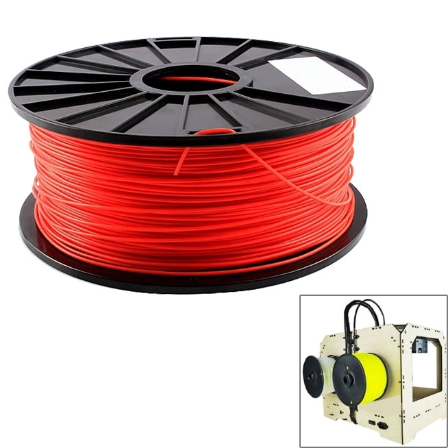 Red PLA filament spool on black reel, top view