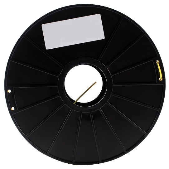 Black spool with wound yellow PLA filament, top view