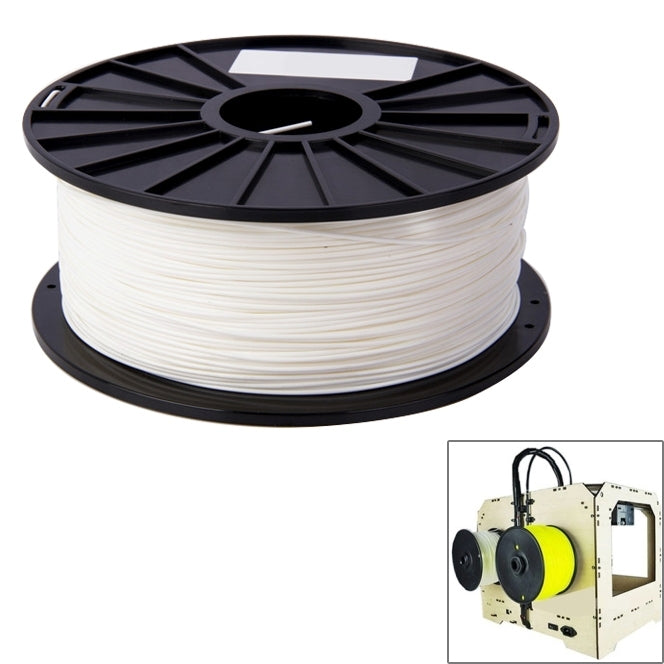 White PLA 3D printer filament spool on a black reel, 3.0 mm filament.