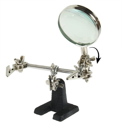 2x magnifier soldering stand with round lens and metal alligator clamps