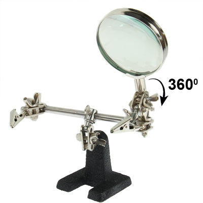 2x magnifier soldering stand with 360° rotating arm, round lens, and clamps
