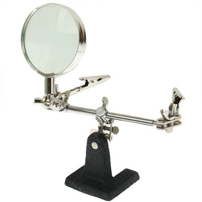 2x magnifier stand with round lens, articulated metal arms, and black base