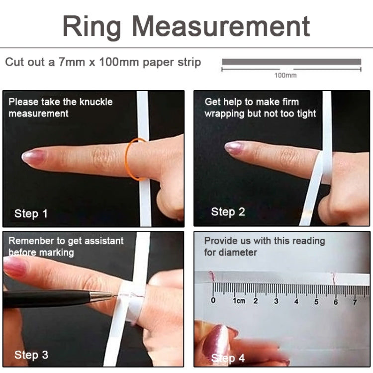 Magnetic ring size measurement guide with paper strip held by fingers