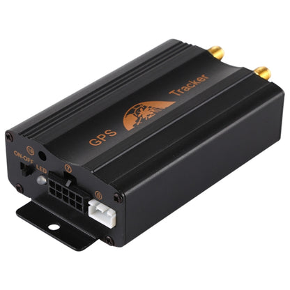 Black GPS vehicle tracker with LED, ports, and mounting bracket on metal plate