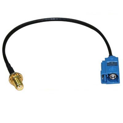 Fakra C to RP-SMA adapter cable with black cord, gold male and blue connector
