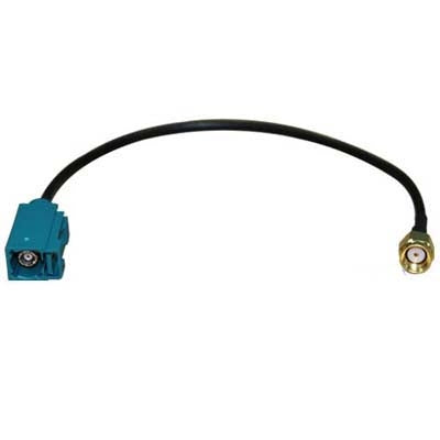 Fakra Z female to RP-SMA male adapter cable with black cord and angled gold RP-SMA plug