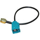 Fakra Z female to RP-SMA male adapter cable, black cable with teal Fakra socket and brass plug